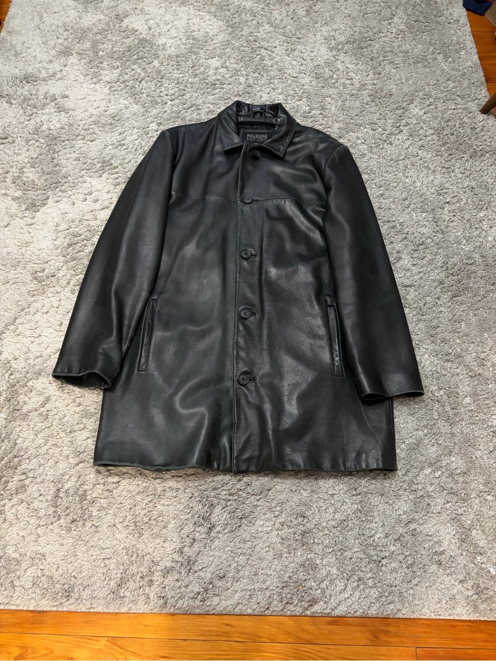 Wilsons Pelle Studio Black Genuine Leather Long Car Coat LT Y2K.